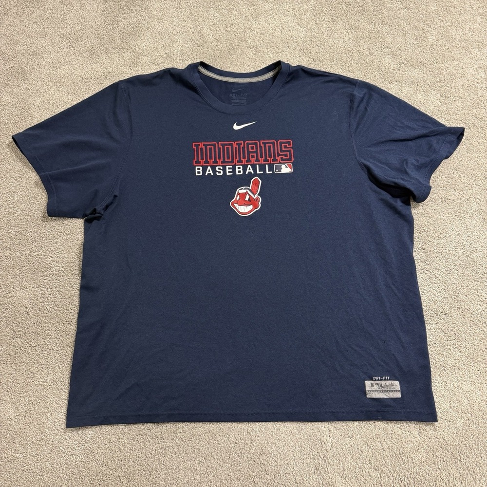 Nike Cleveland Indians T-Shirt Men Sz XXL Navy Blue Chief Wahoo Logo MLB Dri-Fit